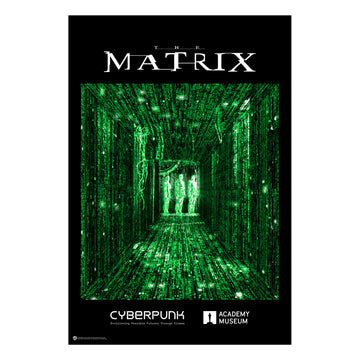 A poster for 'The Matrix' movie with a green and black color scheme, featuring a iconic image of a digital hallway and the film's title. Exhibition Lockup from CYBERPUNK at the Academy Museum Los Angeles.